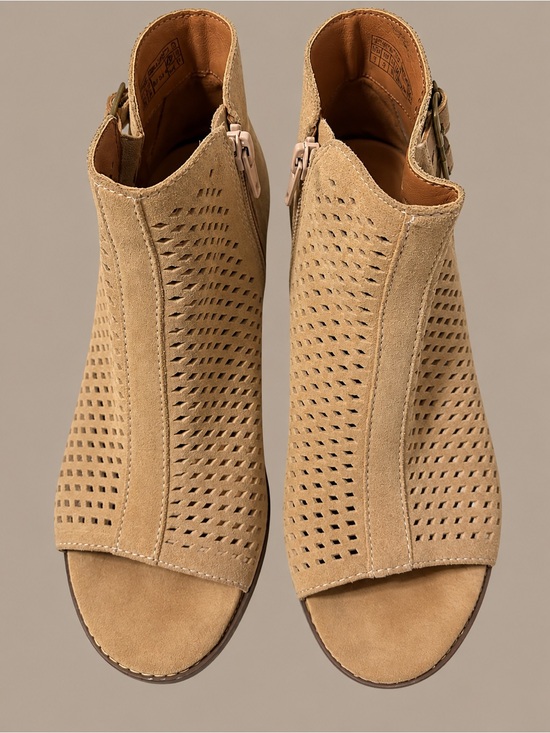 Vionic Shoes - Vionic Tan Suede Perforated Peep-Toe Booties with Side Buckle